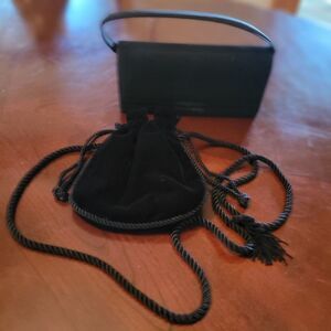 2 Black Evening Bags 1 Drawstring Velvet 1 Satin Finish Handle